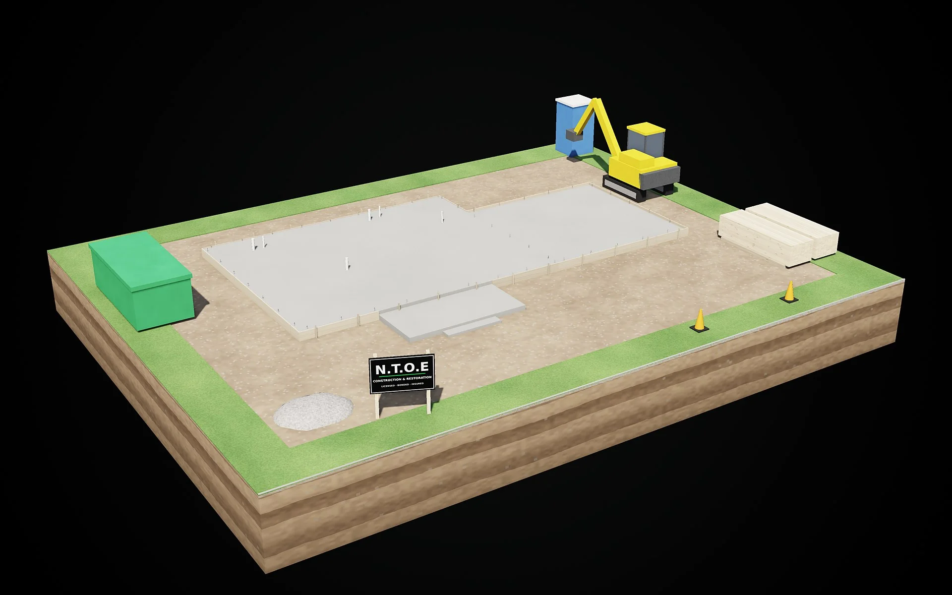 3D render, stage 2 of 8: a poured concrete slab with anchor bolts and plumbing stubbed in — foundation