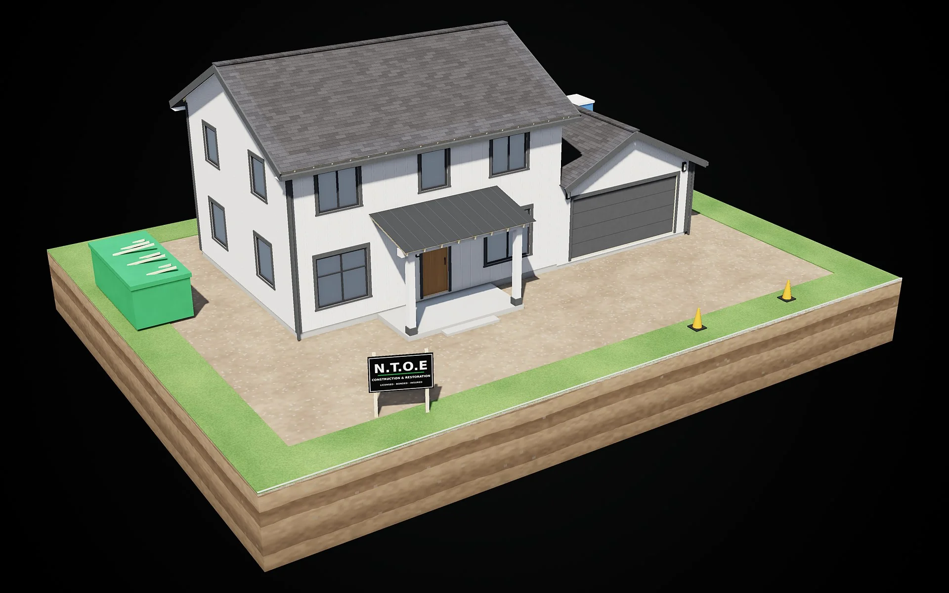 3D render, stage 7 of 8: white board-and-batten siding, trim, porch, garage and front doors — exterior finishes