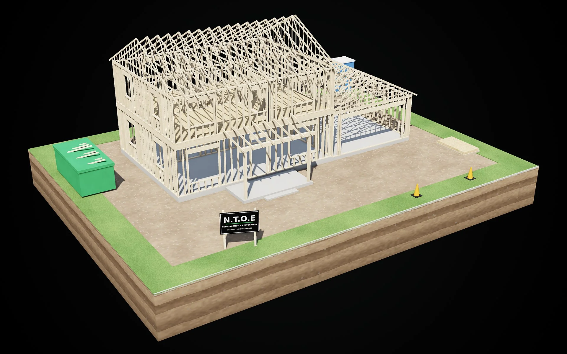3D render, stage 4 of 8: second-floor walls and engineered roof trusses in place — second floor and roof framing