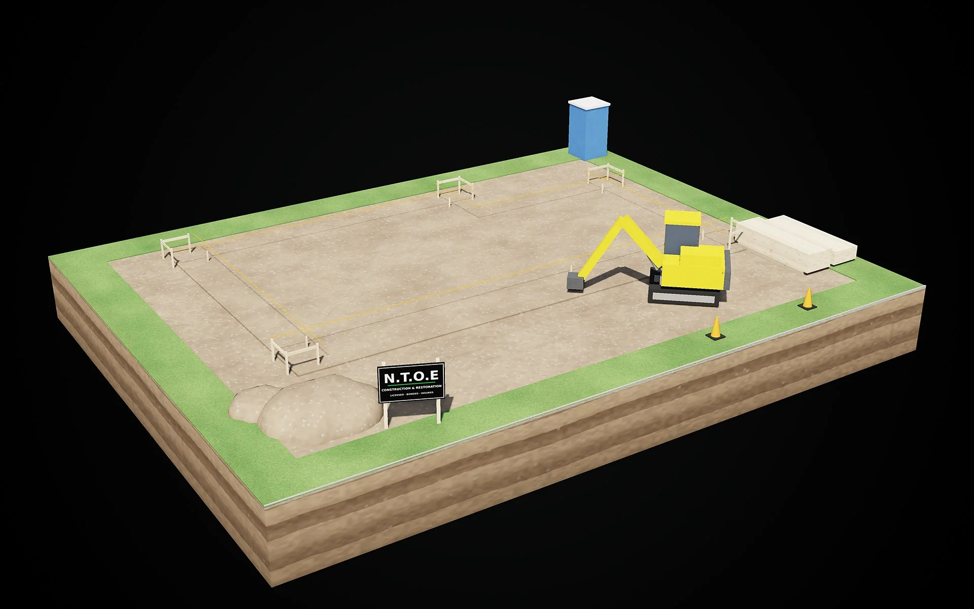 3D render, stage 1 of 8: a graded lot staked out with string lines, an excavator and dirt piles — site prep