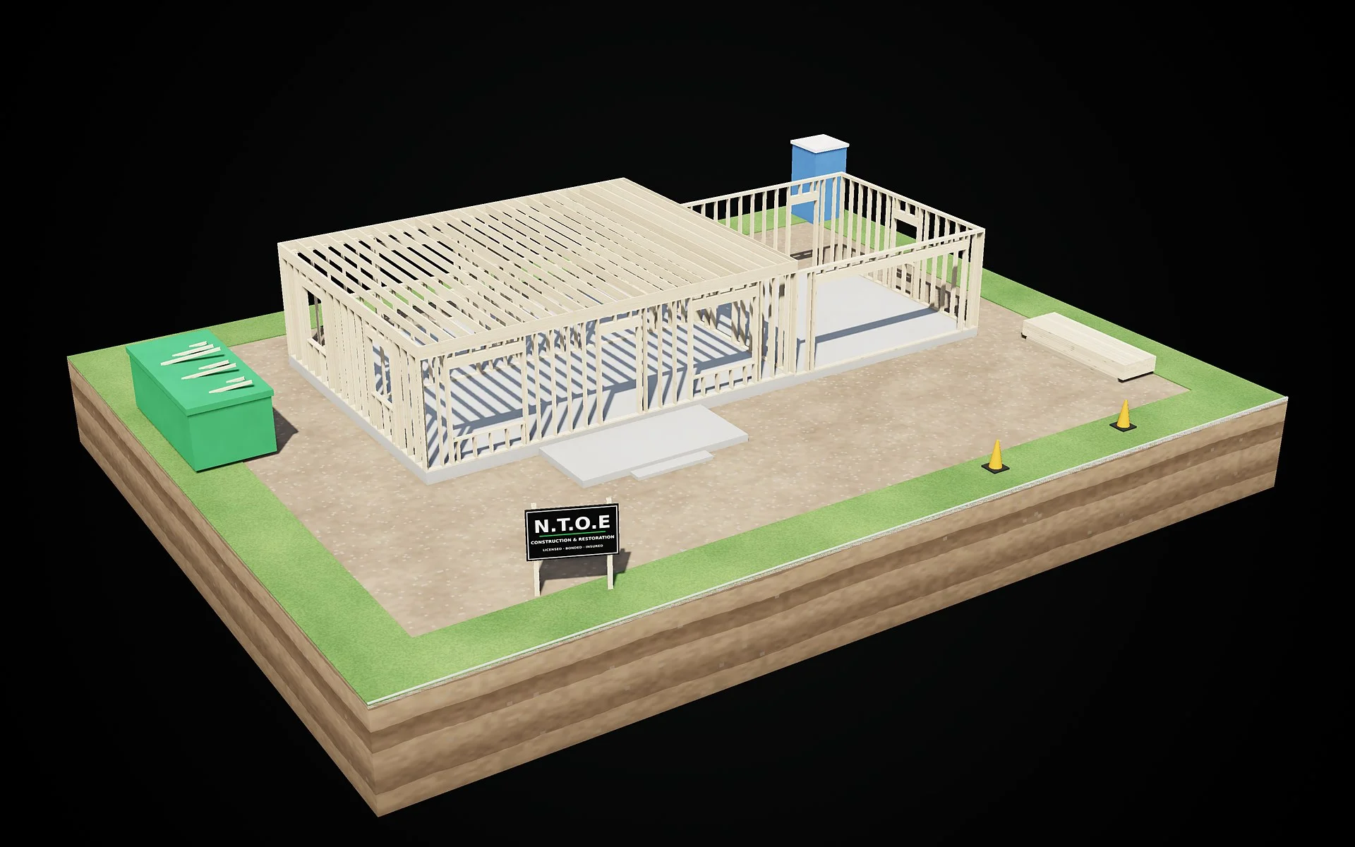 3D render, stage 3 of 8: first-floor wall framing and the second-floor joists on the slab — first-floor framing