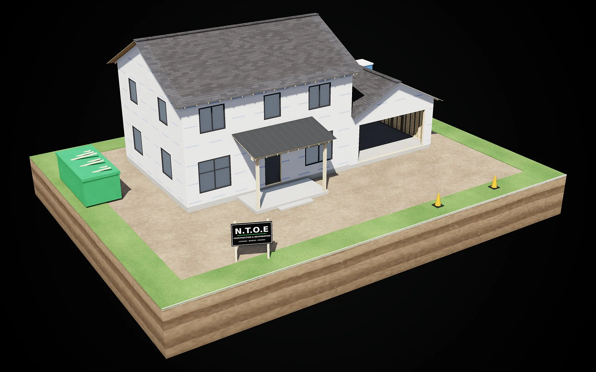 3D render, stage 6 of 8: house wrap, roofing and windows installed — dry-in