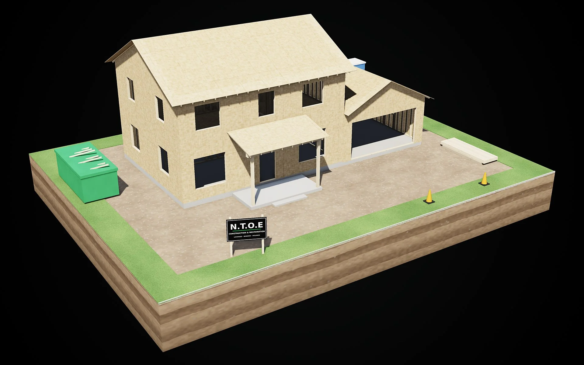 3D render, stage 5 of 8: OSB sheathing on every wall and the roof deck — sheathing