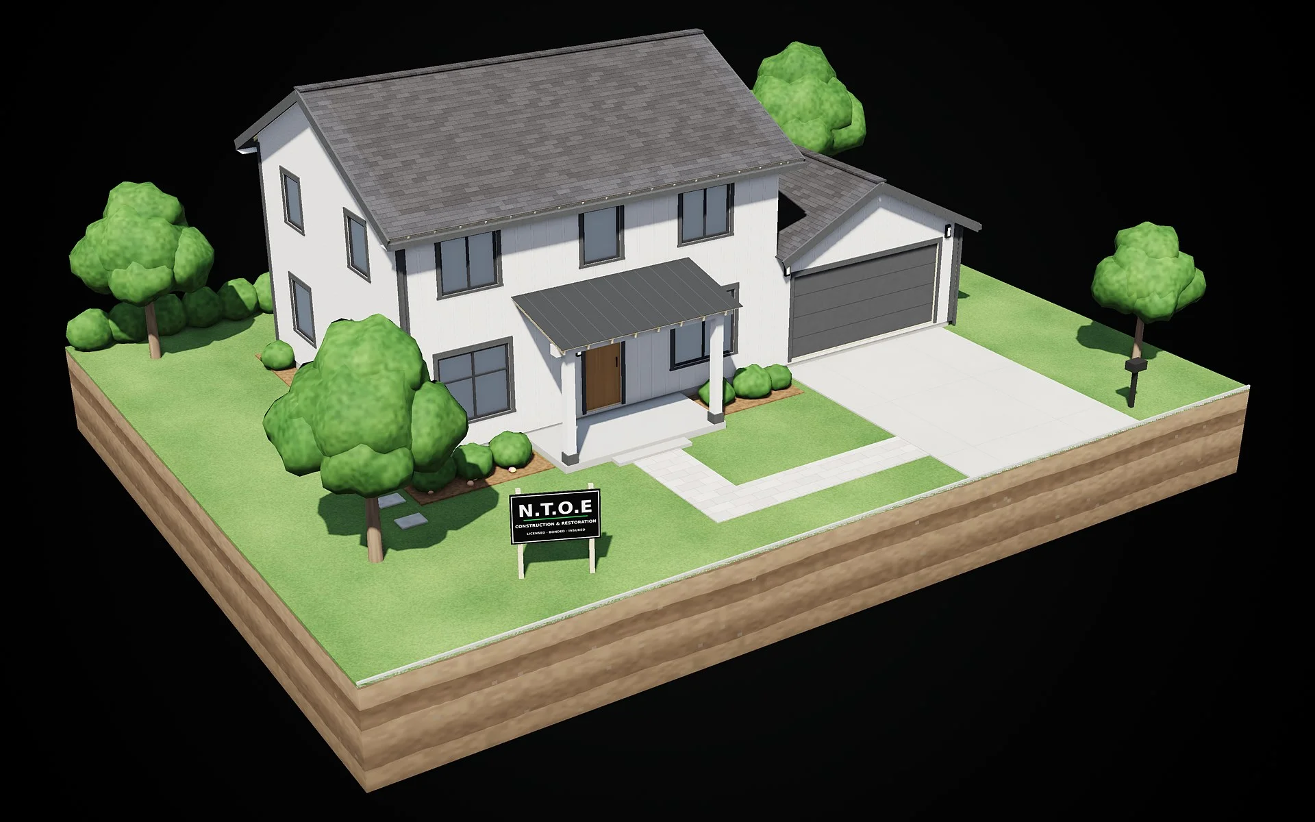 3D render, stage 8 of 8: the finished two-story home with lawn, driveway, walkway and trees — move-in ready